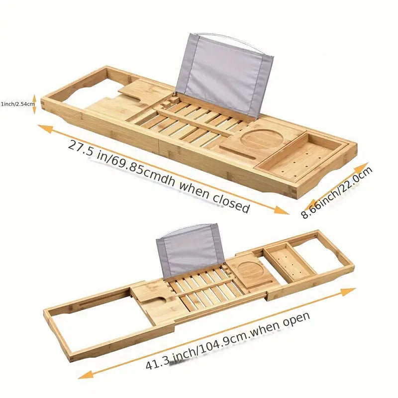 Stretchable Bamboo Bathtub and Bath Storage Rack - Natural Color
