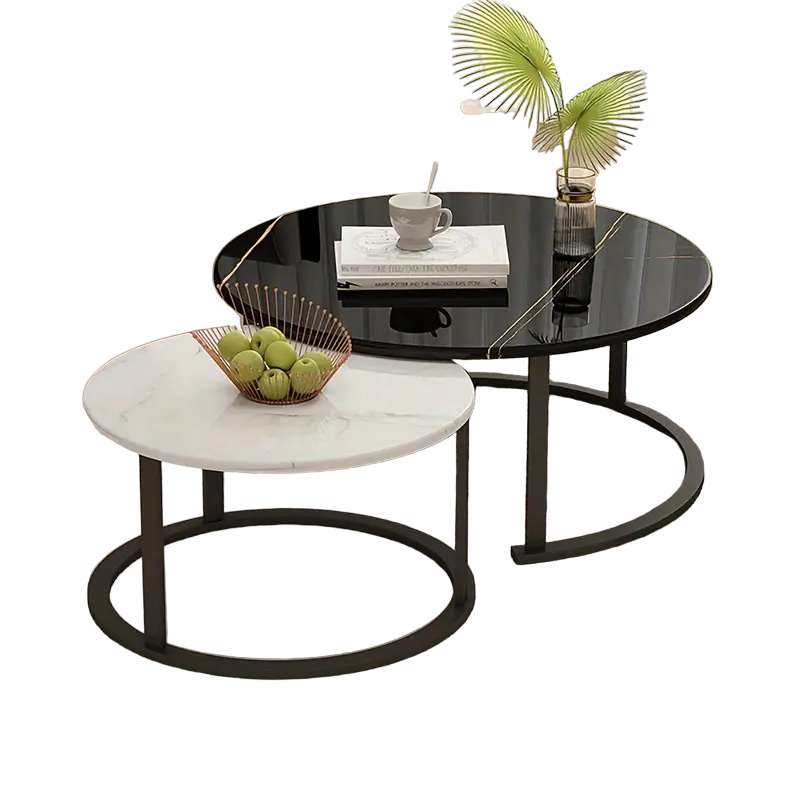Elegance in Contrast: Set of 2 Round Nesting Marble Coffee Tables in Style9: Black and White