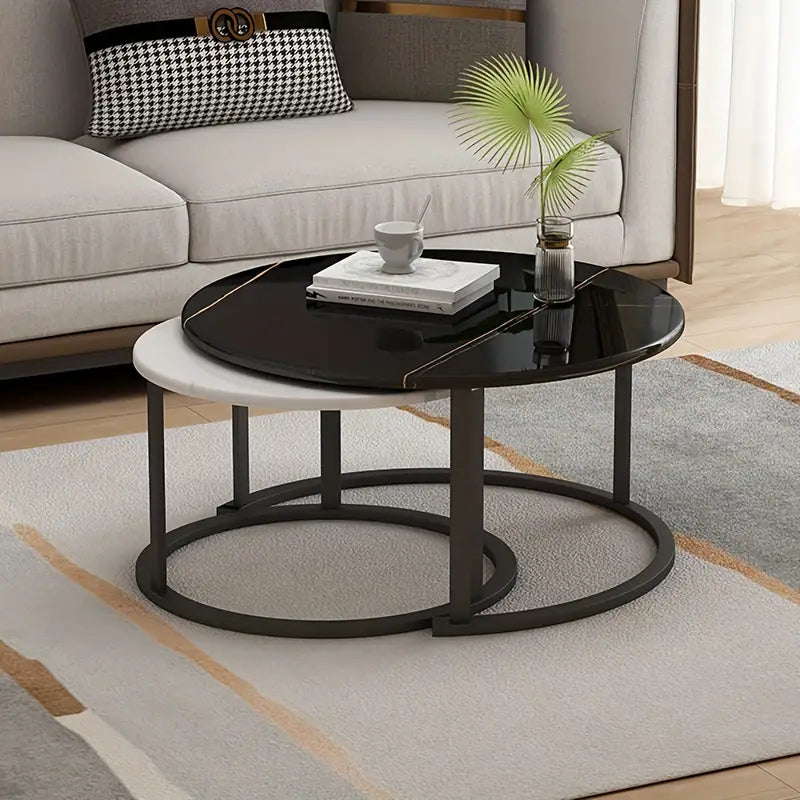Elegance in Contrast: Set of 2 Round Nesting Marble Coffee Tables in Style9: Black and White