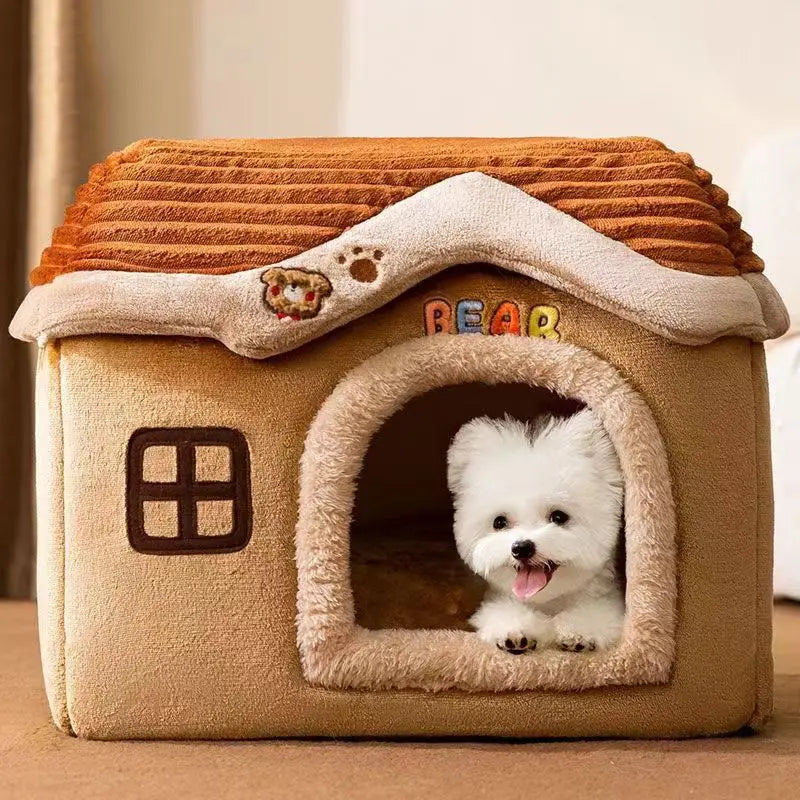 Foldable Soft Pet House And Bed Detachable Cave-Style Nest Brown