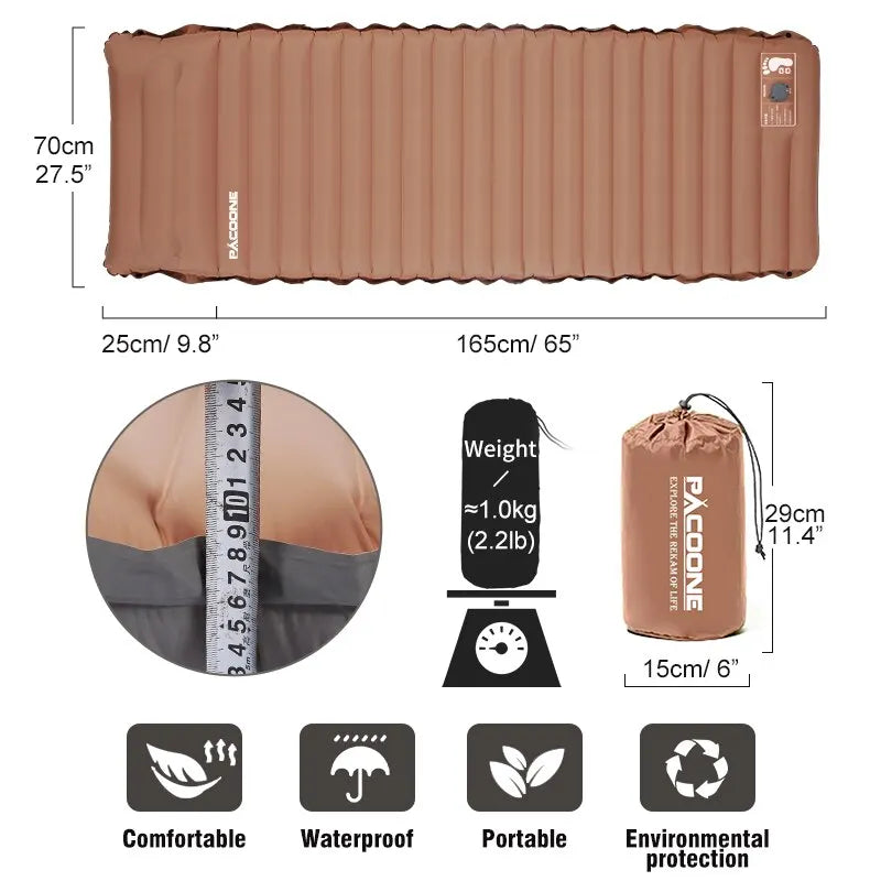 Ultralight Self-Inflating Sleeping Pad 10cm Thick Camping Air Mattress Khaki