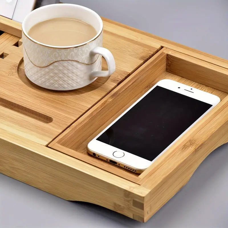 Stretchable Bamboo Bathtub and Bath Storage Rack - Natural Color